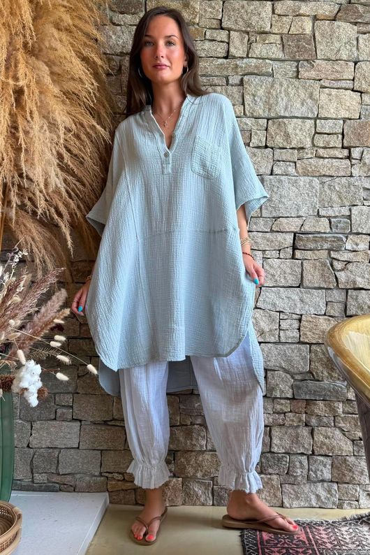 Tasha Cushion Cotton Oversized Shirt Tunic Pearl